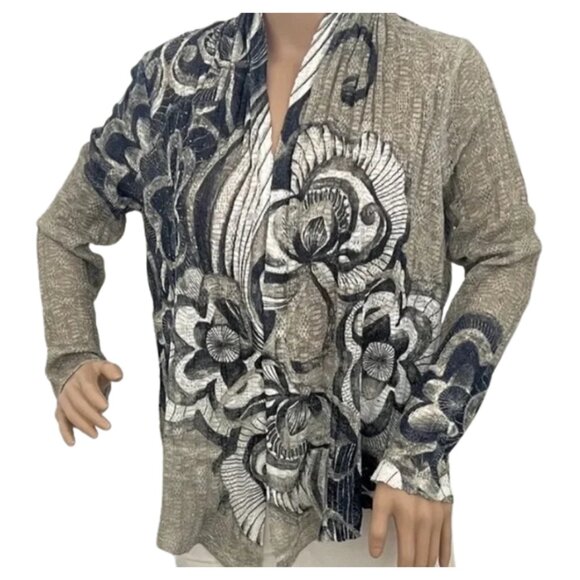 Chico's Sweaters - Chico's Taupe and Blue Embellished Open Cardigan with Cutout Pattern -Size 1